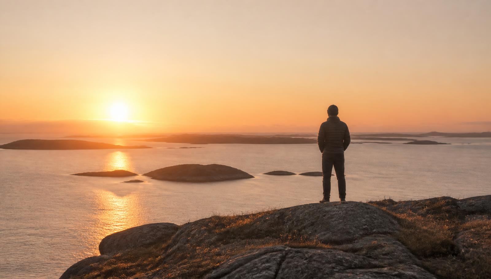 Person som reflekterar över livets riktning vid havet i soluppgång.