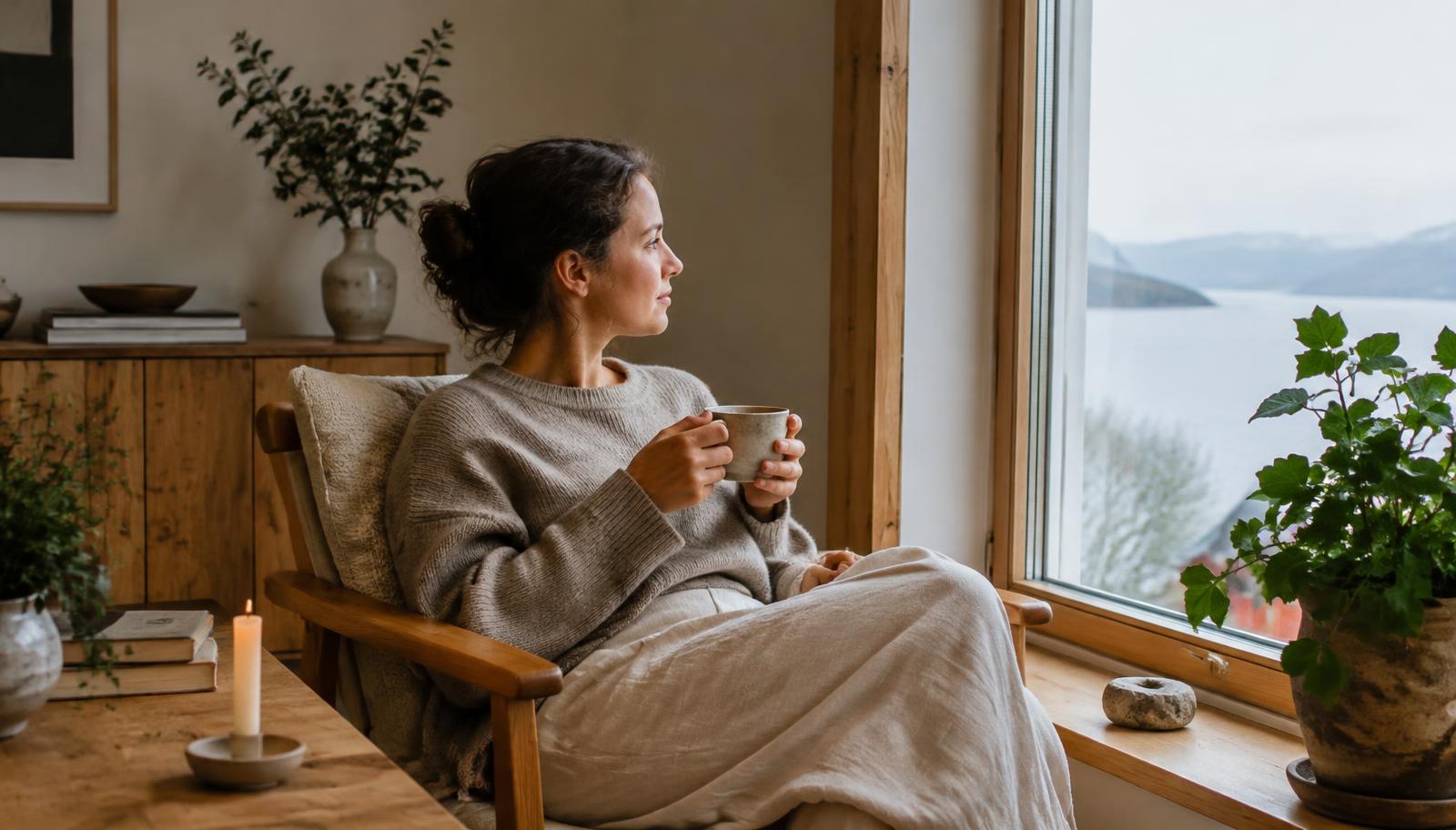 Person som reflekterar över inre stress i en lugn hemmiljö.