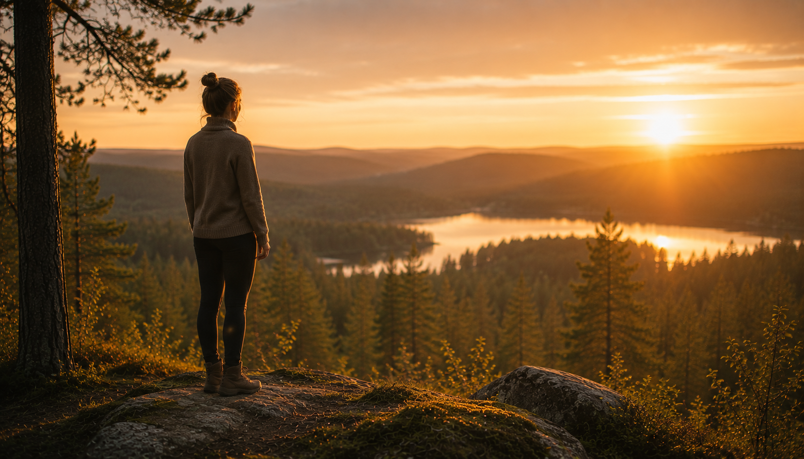 Kvinna som står på en klippa vid solnedgång och blickar ut över skog och sjö
