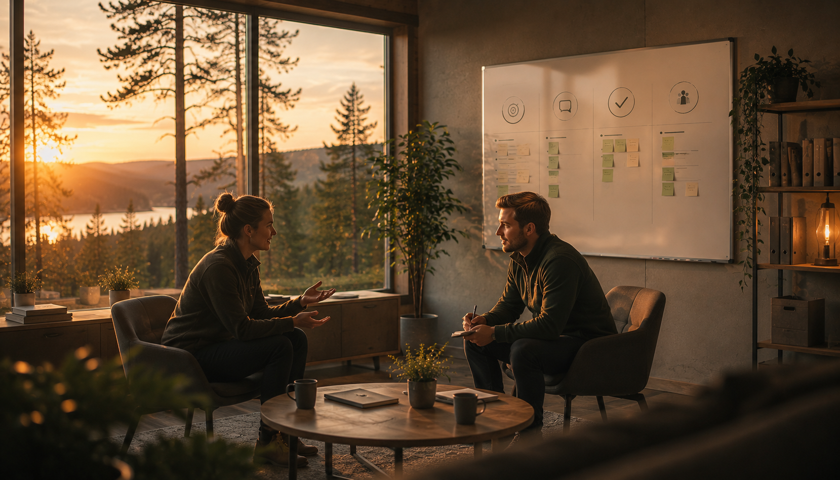 Coachande samtal mellan två personer i ett modernt kontor med solnedgång och whiteboard i bakgrunden