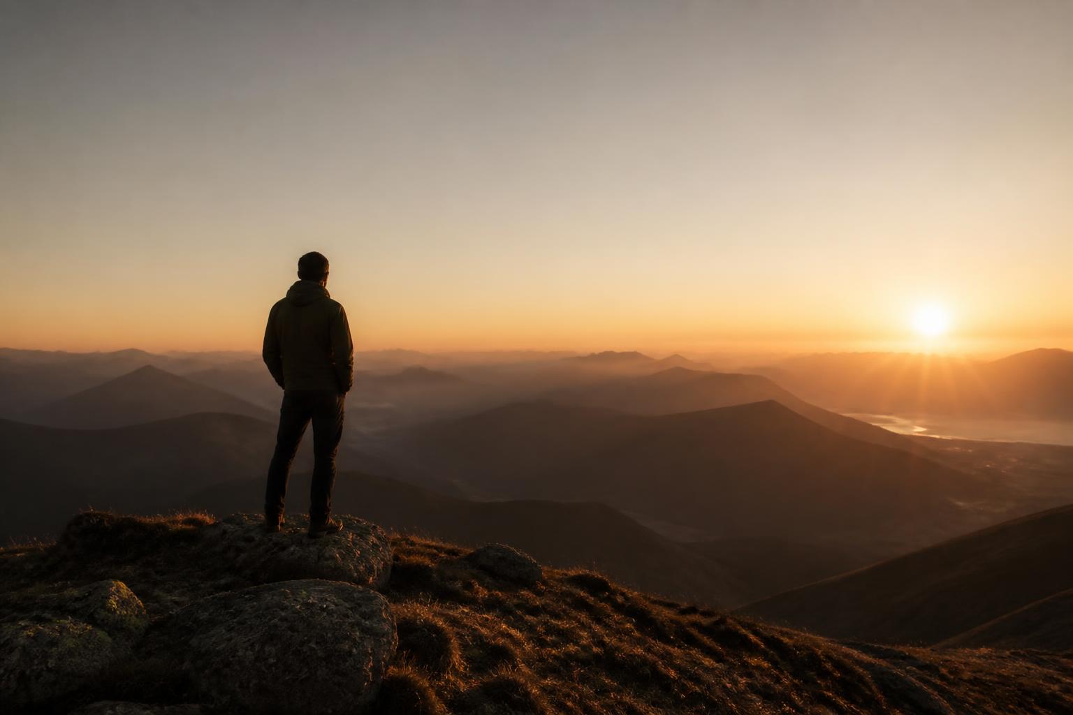 Person som symboliserar mental styrka och personlig utveckling genom att stå på en bergstopp i gryningsljus.