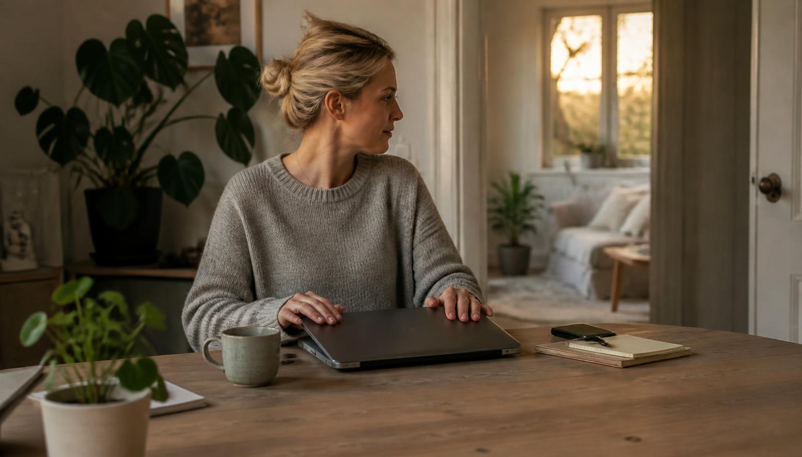 Egenföretagare som avslutar arbetsdagen och skapar tid för återhämtning.