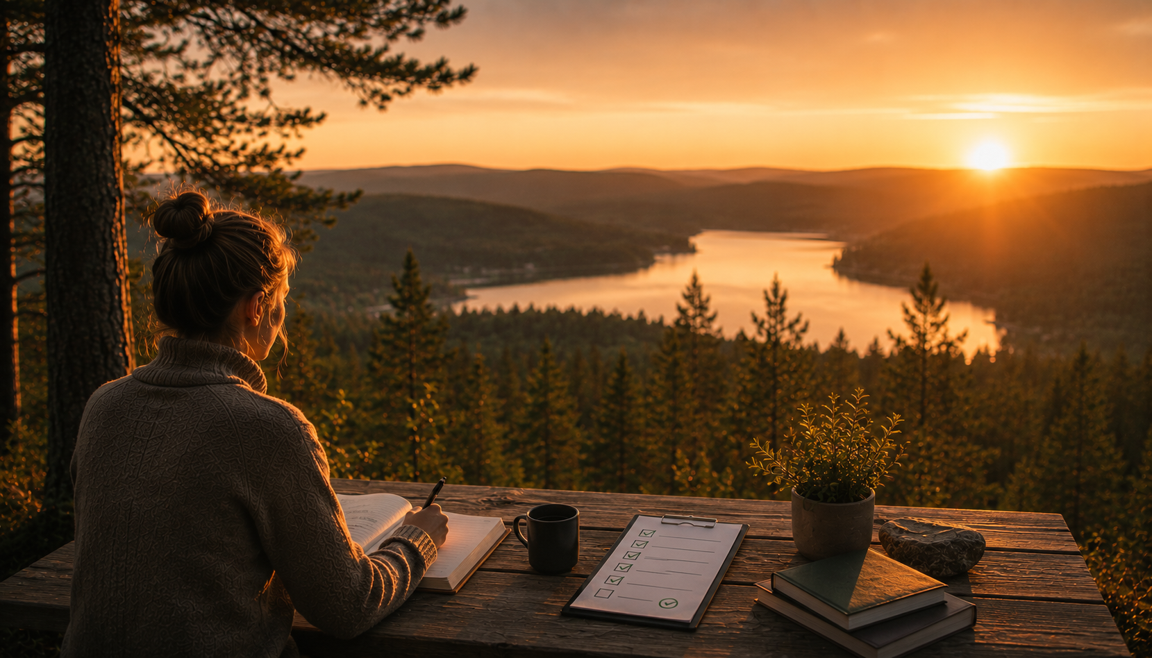 Kvinna som reflekterar och skriver i anteckningsbok vid en träbord med utsikt över skog och sjö i solnedgången, symboliserar självledarskap och personlig utveckling