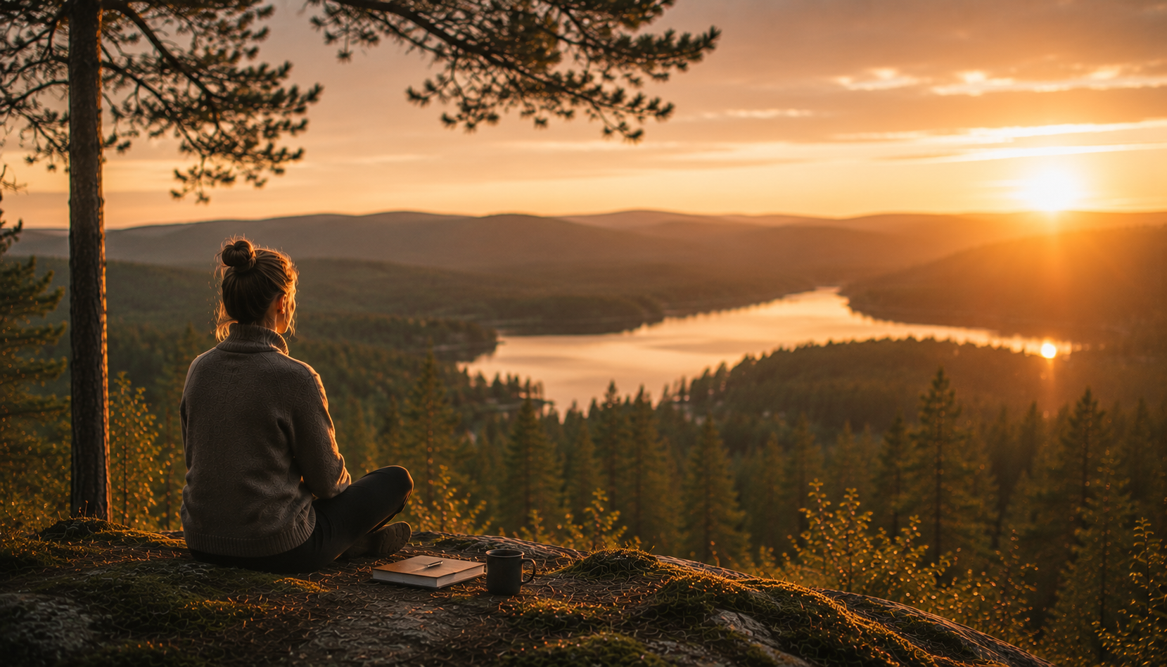 Kvinna som sitter på en klippa vid solnedgång och reflekterar över sjö och skog