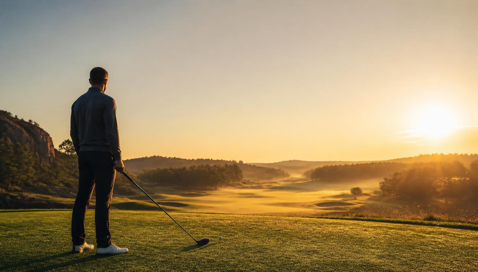 Golfspelare som fokuserar inför ett utslag på en lugn golfbana.