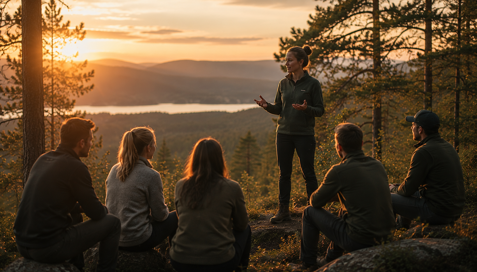 Kvinna som talar inför en grupp människor i solnedgångens skogslandskap med utsikt över sjö och berg