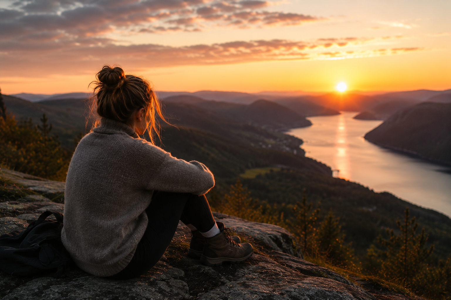 Kvinna sitter på en klippa vid solnedgång och blickar ut över fjordlandskap
