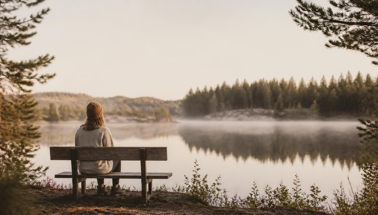 Person som tränar mindfulness och medveten närvaro i en lugn naturmiljö.