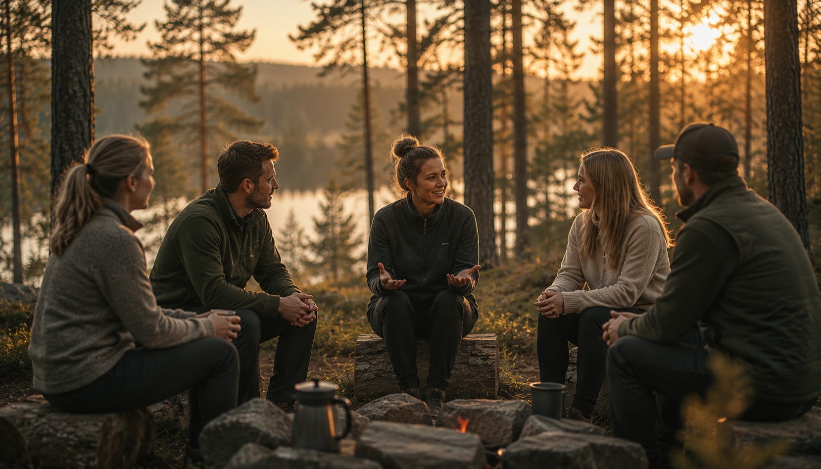Grupp människor i ett samtal vid lägereld i skogsmiljö vid solnedgång, symboliserar psykologisk trygghet och öppen kommunikation