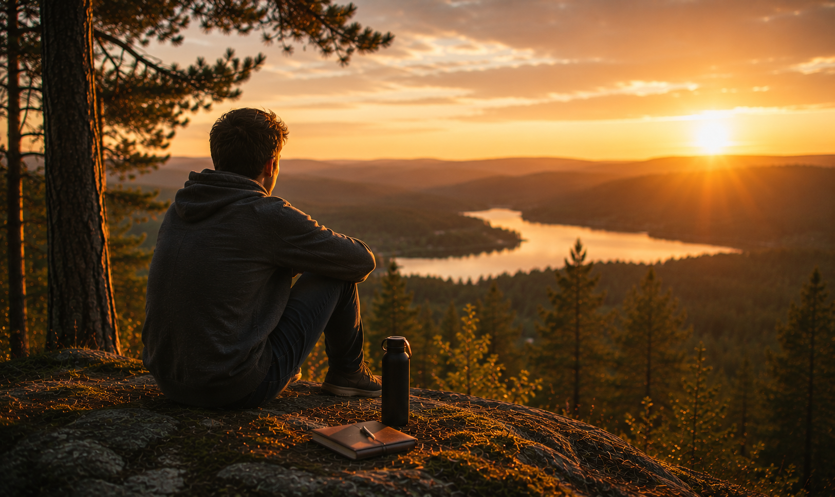 En man sitter på en klippa i skogen vid solnedgången och blickar ut över en sjö och berg, med en anteckningsbok och vattenflaska bredvid sig.